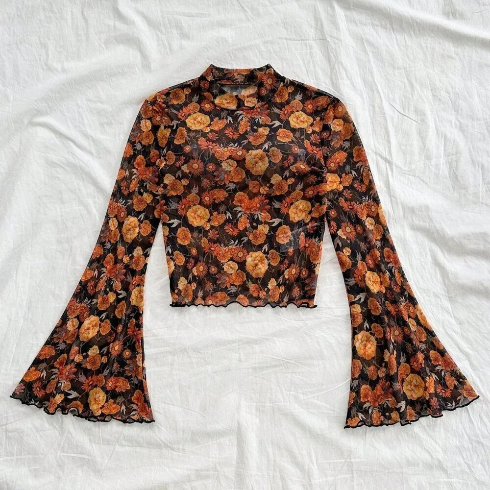 Multicolor Casual Women's Ditsy Floral Stand Collar Flare Sleeve mesh top